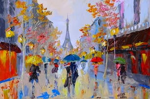 フランスの雨の中を歩く人々の絵画。