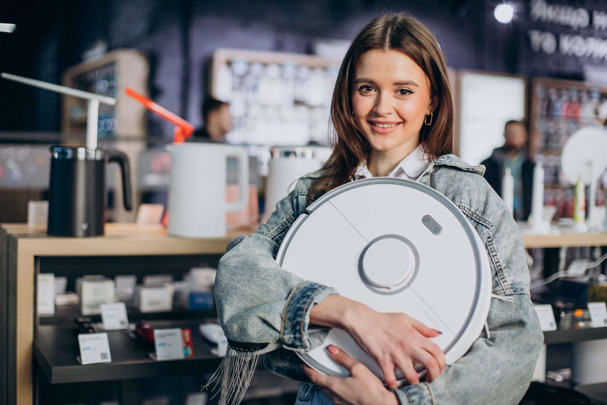フランスの店で掃除機を持つ若い女性。
