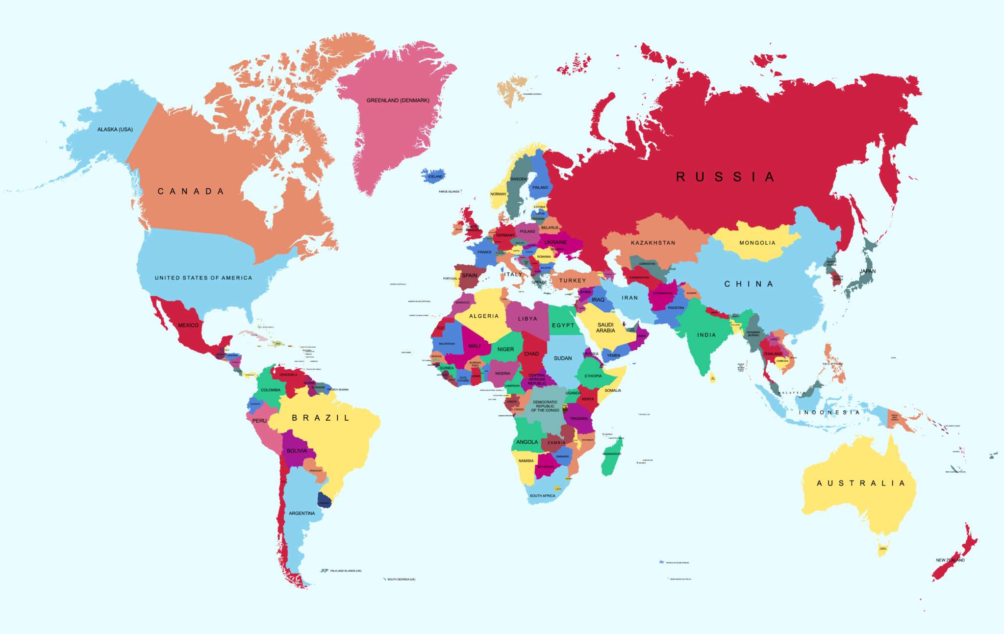 フランスを含むさまざまな国が描かれたカラフルな世界地図。 フランスを含むさまざまな国が描かれたカラフルな世界地図。