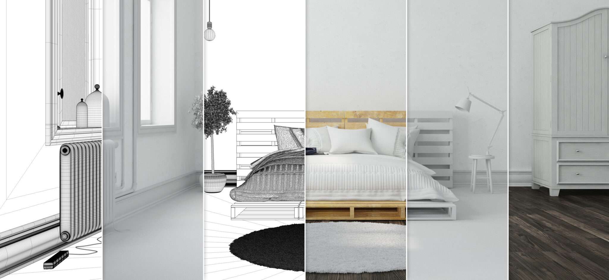 フランスのデザインからインスピレーションを得た、ベッドとベッドサイド テーブルを備えた寝室の 3D レンダリング。