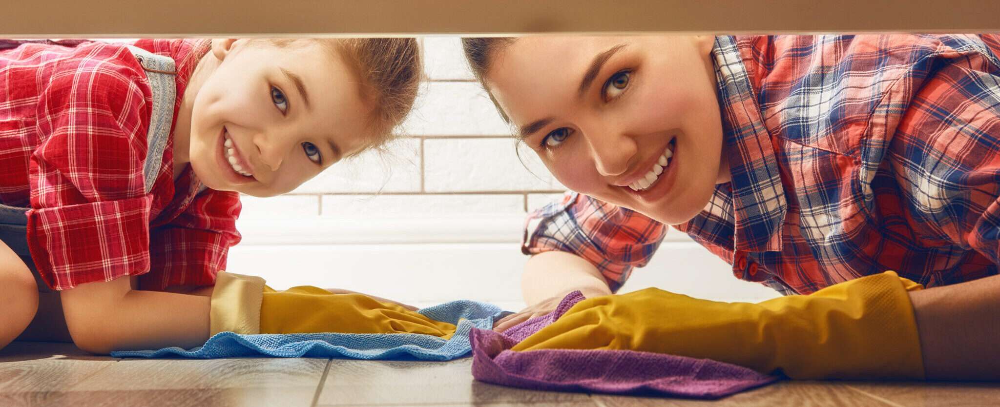 フランスの流しの下を掃除する女性と子供。