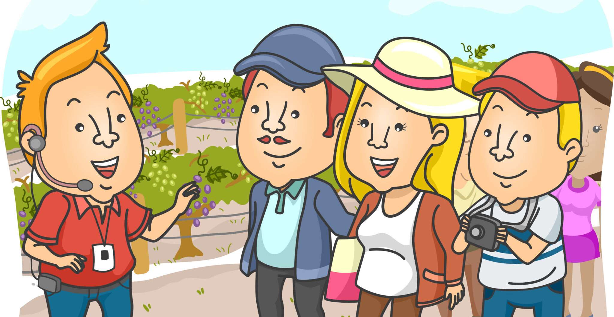 フランスのブドウ畑にいる人々のグループを描いた漫画。