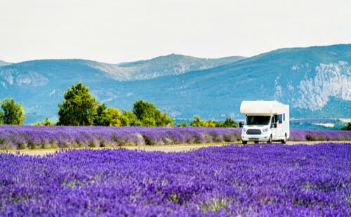 山を背景にフランスのラベンダー畑を走るRV。