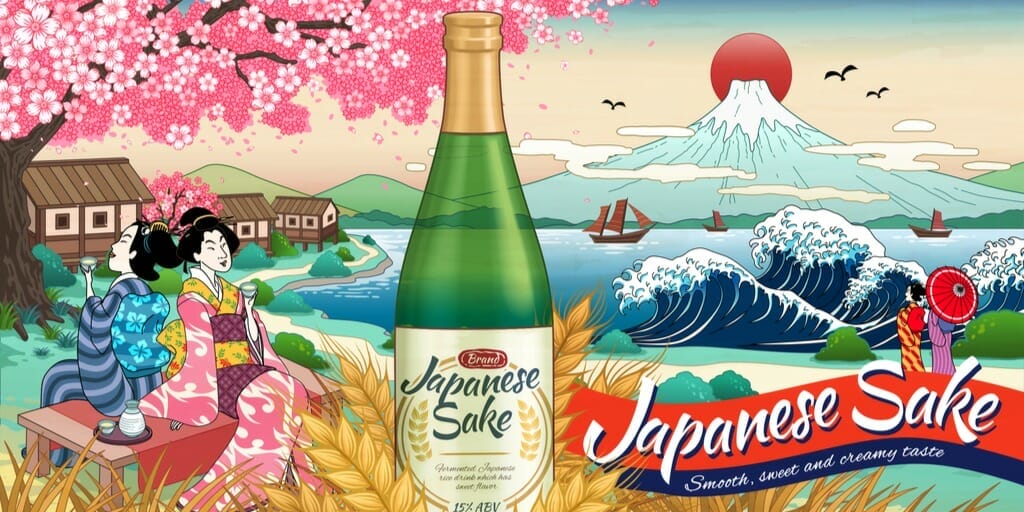 日本酒のボトルの前に女性が描かれており、日本文化とフランスの要素の融合を表しています。