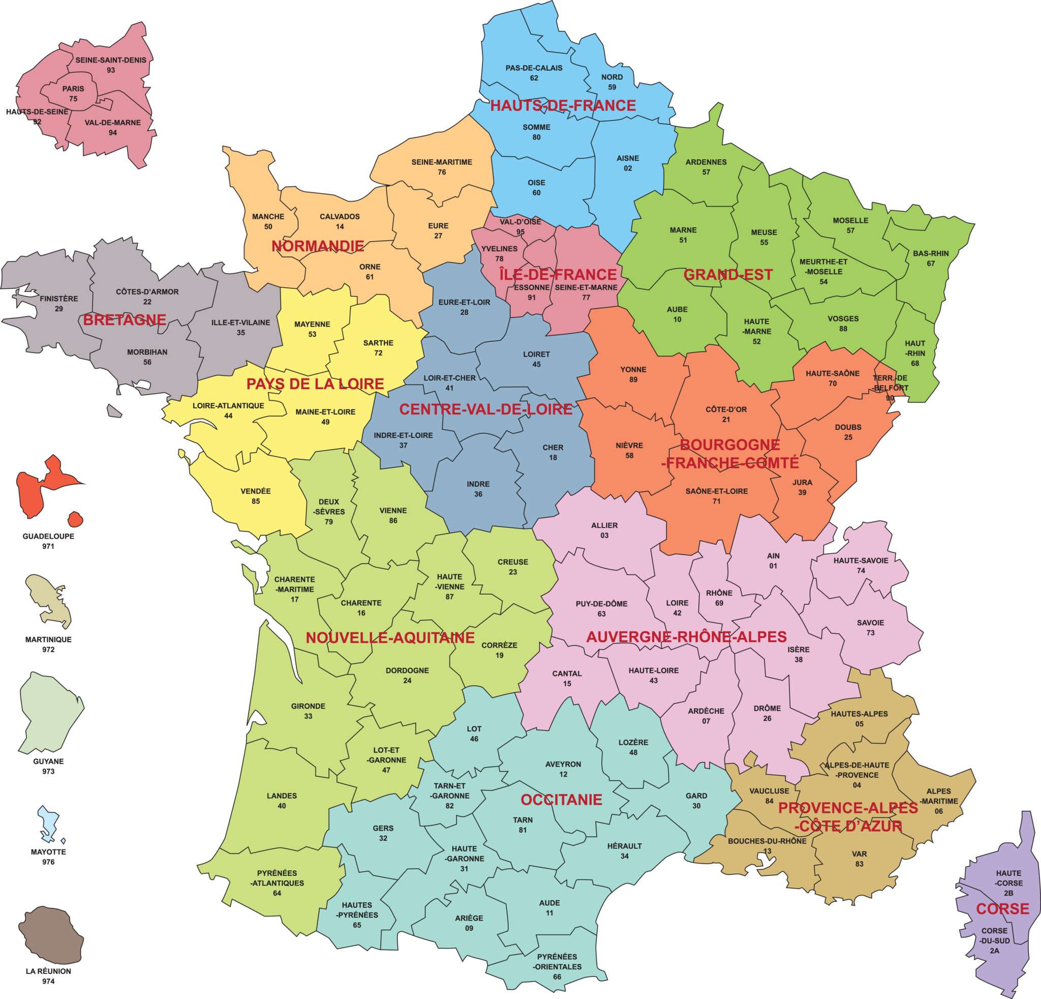 すべての地域と都市を含むフランスの地図。