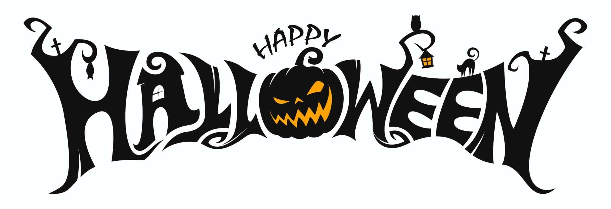 「ハッピーハロウィン」というフレーズを描いた白黒の画像。 「ハッピーハロウィン」というフレーズを描いた白黒の画像。