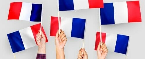 フランスの国旗を振る人々のグループ。