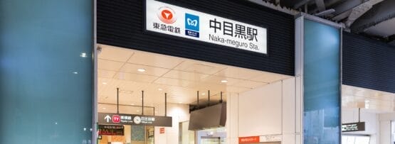 中目黒駅の入口には、日本語と英語の標識が設置され、券売機や東京メトロと東急電鉄のロゴが電飾されています。近くにあるフランス語教室マンツーを探索して、この活気に満ちたエリアで個人に合わせたフランス語学習体験をしてみましょう。.