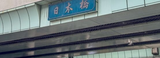 日本橋の近くには日本語の文字で書かれた標識のある高架道路が伸びており、背景には建設中の建物、その下には生い茂る木々が見える。.