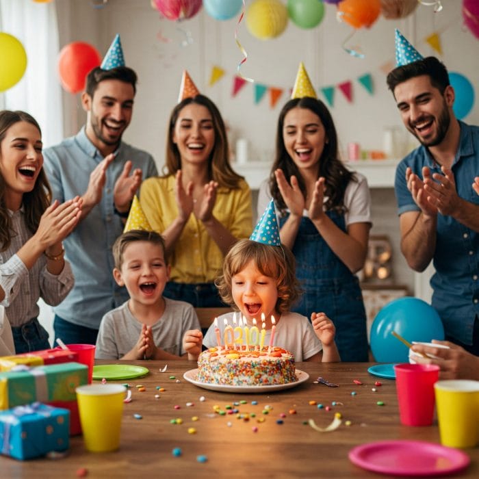 フランスの誕生日パーティーに参加した子供たちのグループ。 誕生日ケーキを前に喜ぶ人々、または結婚式で祝福される新郎新婦