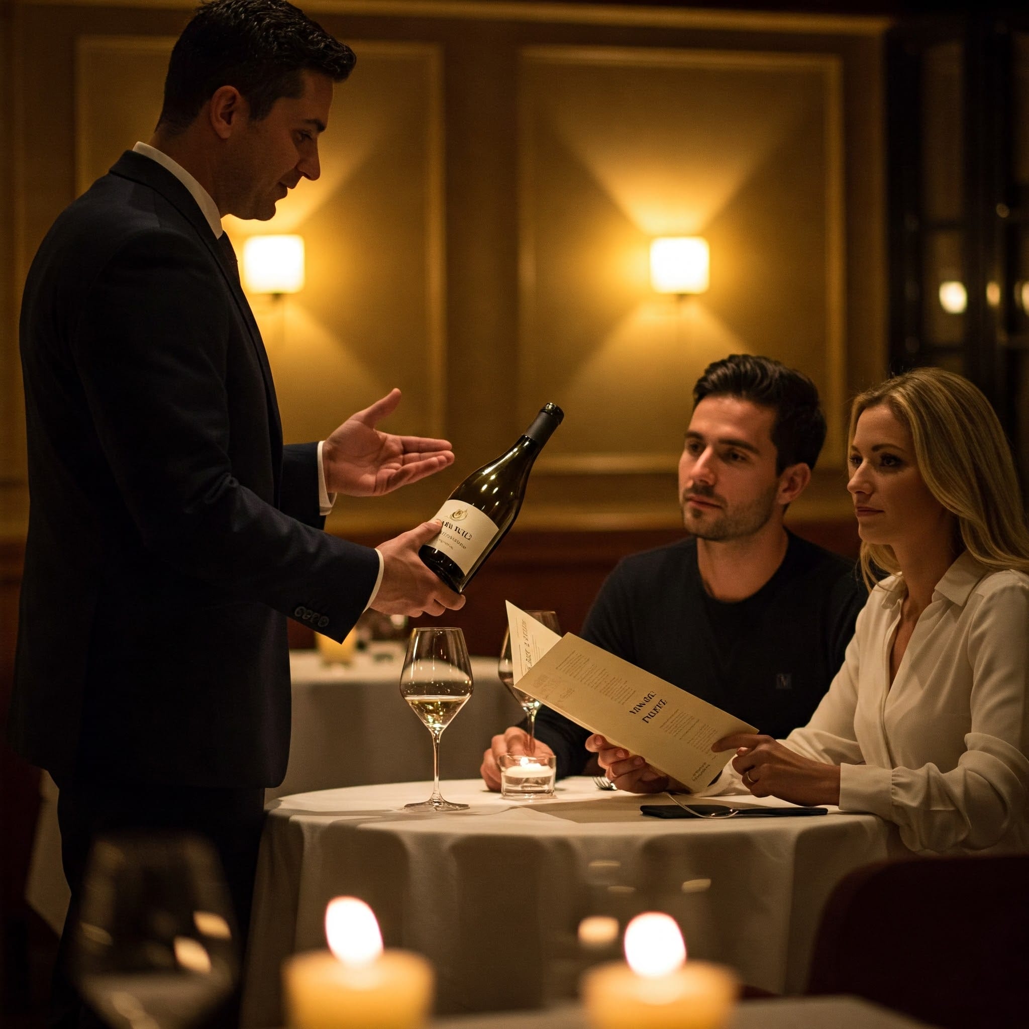 薄暗いレストランで、ウェイターが座っている男性と女性にワインのボトルを差し出している。テーブルの上にはメニューとワイングラスが置かれている。. 薄暗いレストランで、ウェイターが座っている男性と女性にワインのボトルを差し出している。テーブルの上にはメニューとワイングラスが置かれている。.