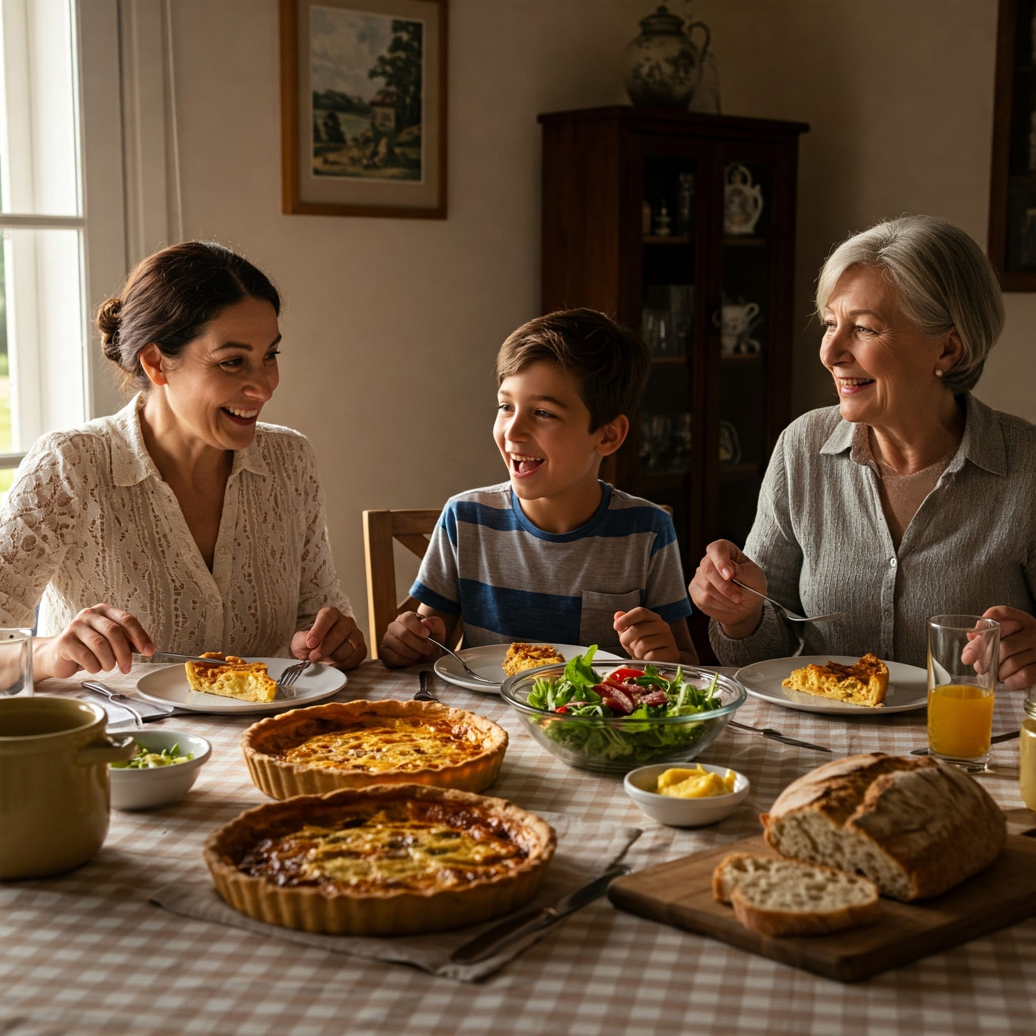2 人の女性と 1 人の少年の 3 人がダイニング テーブルに座って、キッシュ、パン、サラダ、飲み物とともに食事を楽しんでいます。. 2 人の女性と 1 人の少年の 3 人がダイニング テーブルに座って、キッシュ、パン、サラダ、飲み物とともに食事を楽しんでいます。.