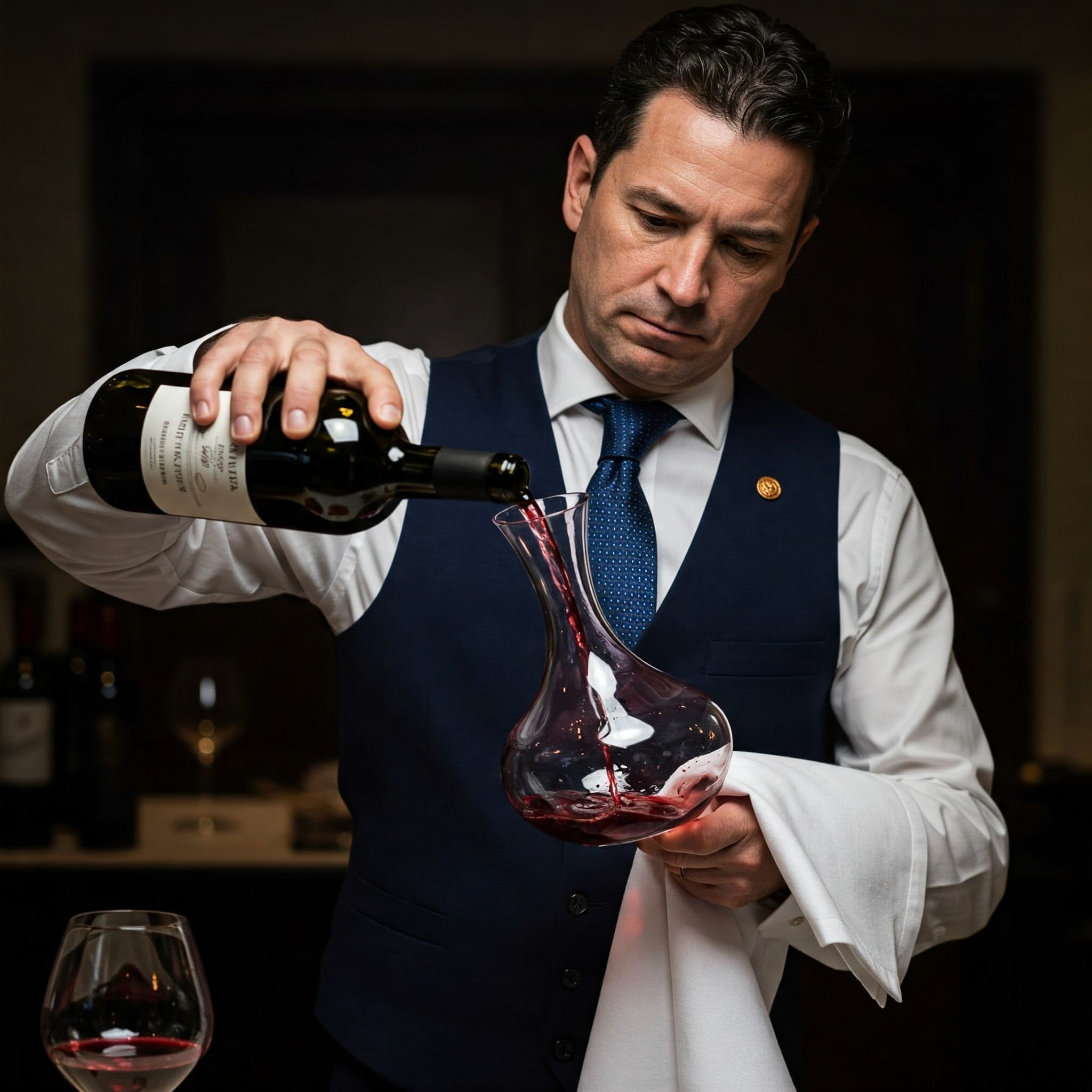 フォーマルな服装をした男性が、片手に白い布を持ち、ボトルからガラスのデキャンタに赤ワインを注いでいる。背景には、ワイングラスとボトルが見える。.