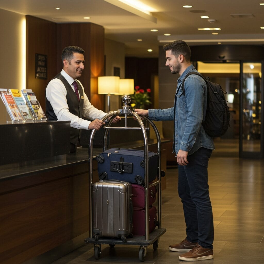 ホテルの受付係が、複数のスーツケースを持った宿泊客に荷物カートを手渡しています。宿泊客はデニムジャケットとバックパックを背負っています。ホテルのロビーは明るく、居心地の良い雰囲気です。.
