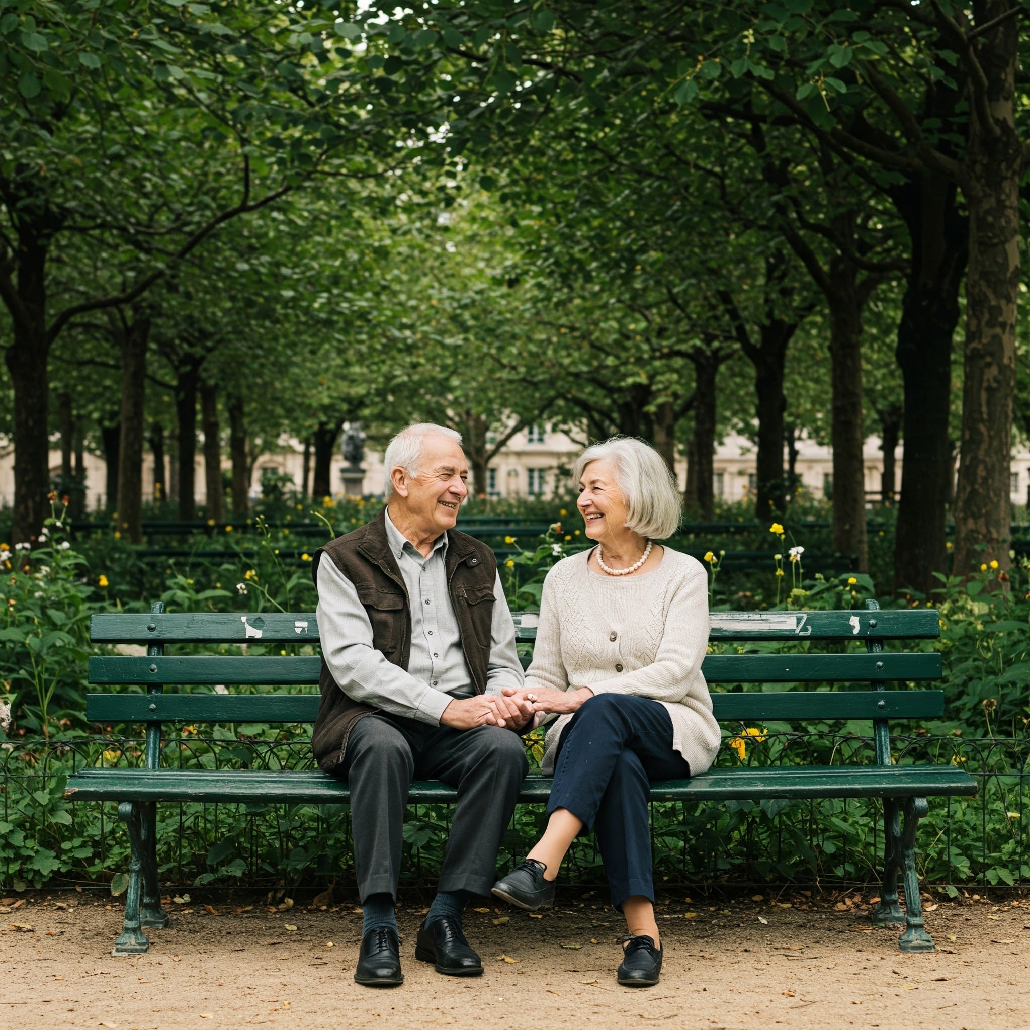 木々や緑に囲まれた公園のベンチに、年配の夫婦が手をつないで微笑み合っています。. 木々や緑に囲まれた公園のベンチに、年配の夫婦が手をつないで微笑み合っています。.