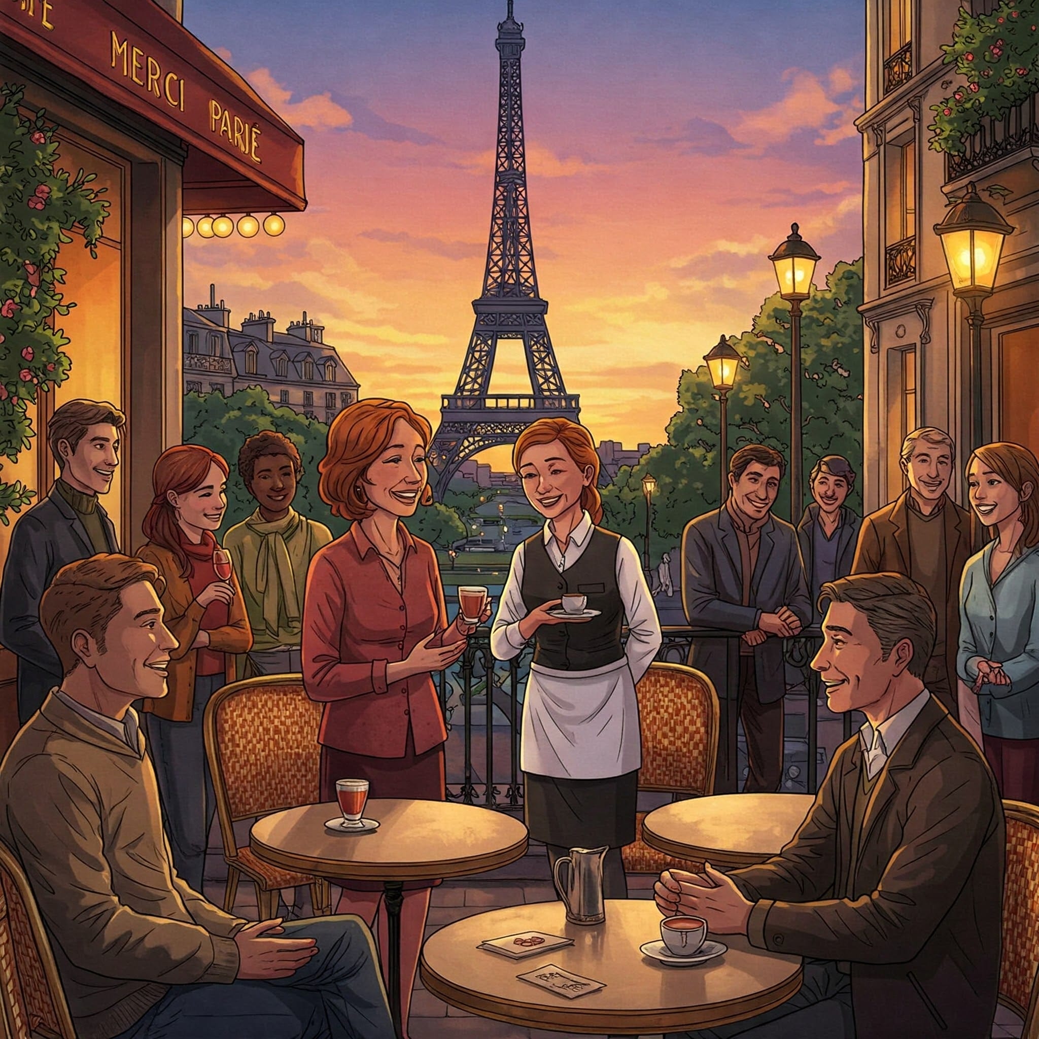 夕暮れ時にエッフェル塔を背景にパリのカフェテラスでコーヒーを楽しむ人々。.