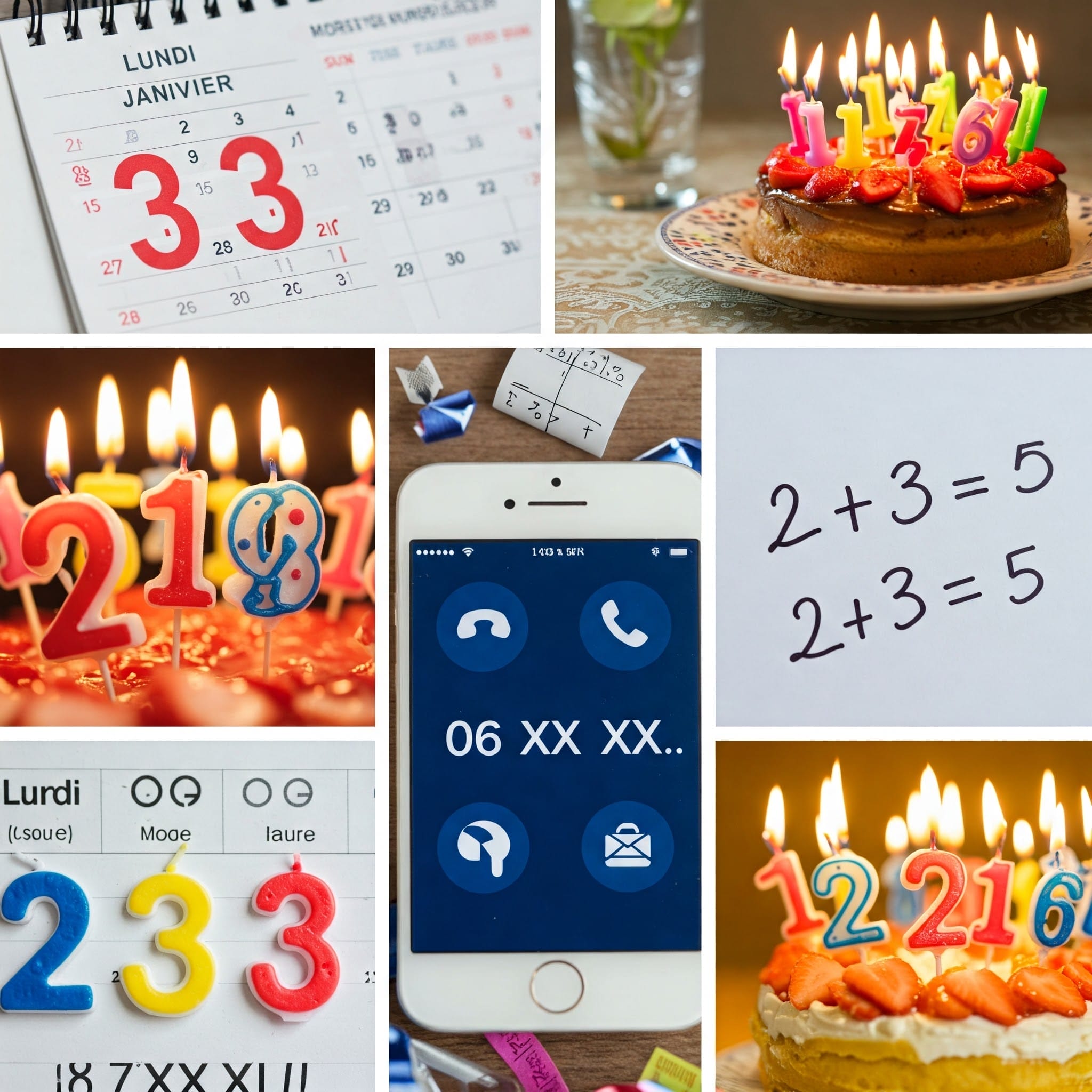 カレンダー、数字の付いたろうそくが立てられたバースデーケーキ、スマートフォンの文字盤画面、手書きの数式などを使ったコラージュで、すべて 2、3、5、6、12 の数字が強調されています。. カレンダー、数字の付いたろうそくが立てられたバースデーケーキ、スマートフォンの文字盤画面、手書きの数式などを使ったコラージュで、すべて 2、3、5、6、12 の数字が強調されています。.