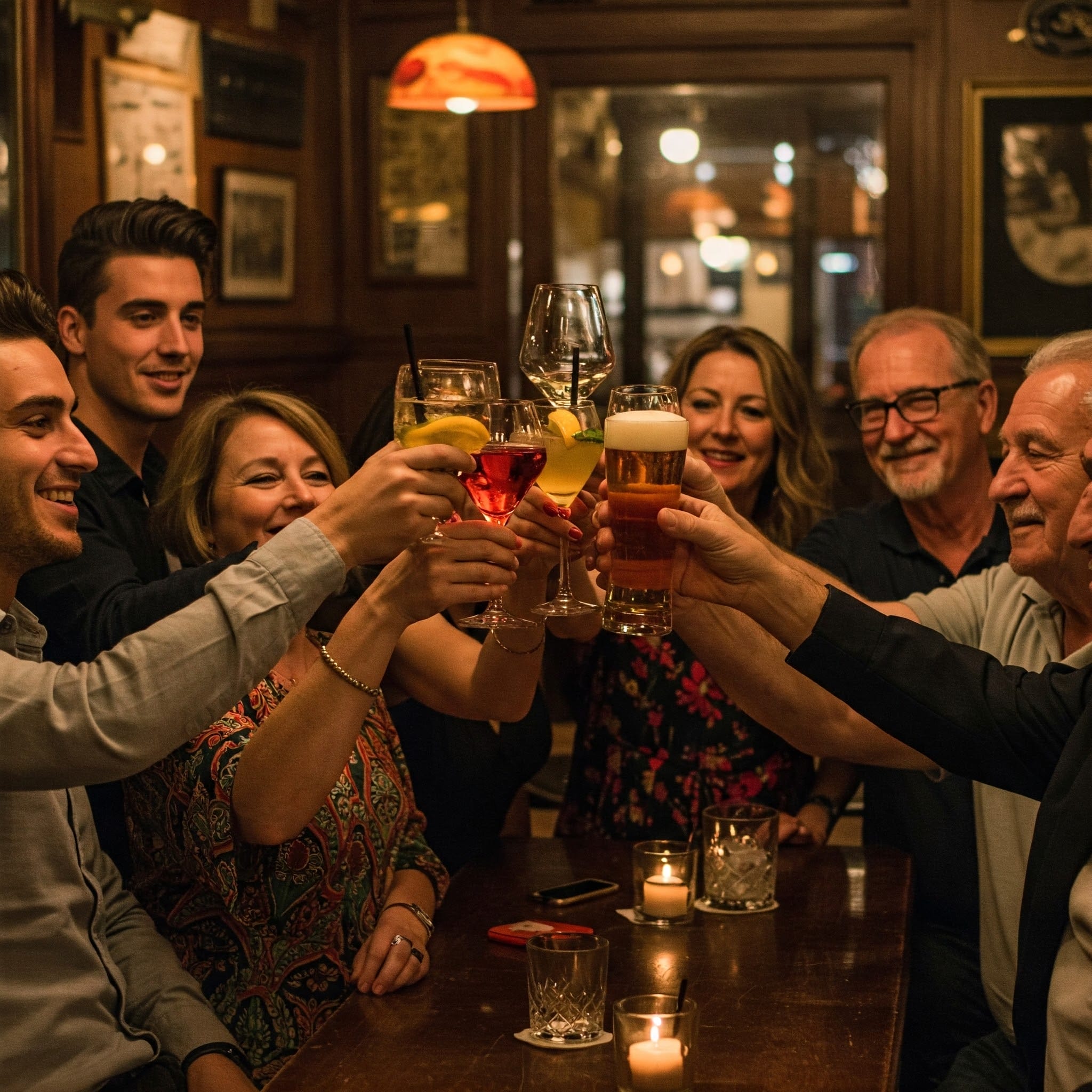 居心地の良いバーのテーブルの周りに人々が座り、グラスを合わせながら微笑んでいます。テーブルの上にはキャンドルと飲み物が置かれています。.