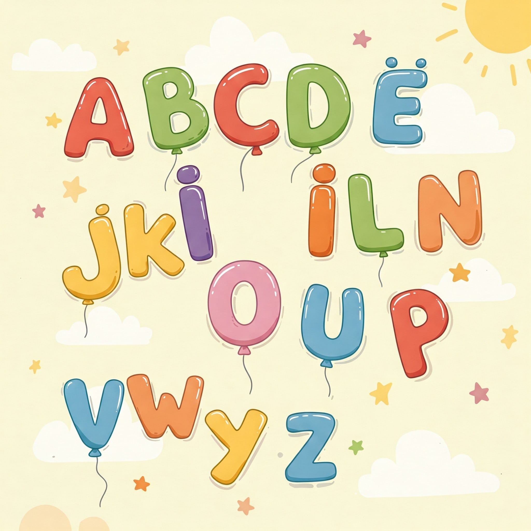 雲、星、太陽をあしらった明るい背景に、カラフルな風船風のアルファベット文字が並んでいます。文字によっては紐がついており、まるで風船が浮かんでいるかのようです。.