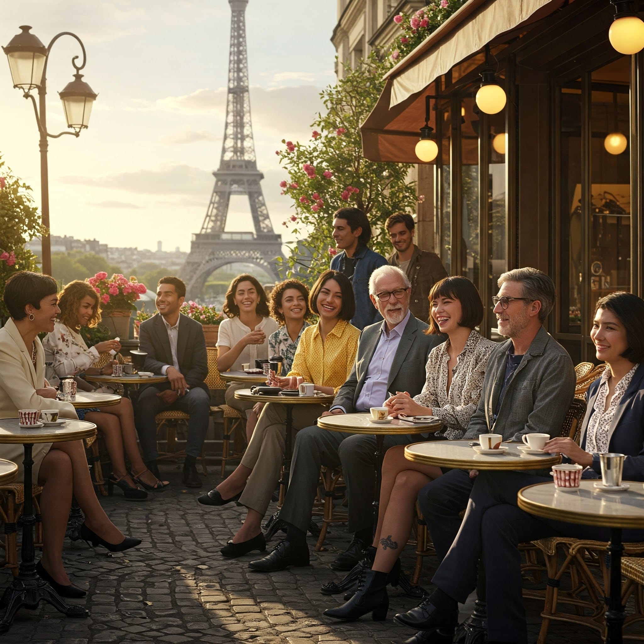 晴れた日に、エッフェル塔を背景に、一群の人々が屋外のカフェのテーブルに座ってコーヒーを飲んでいます。. 晴れた日に、エッフェル塔を背景に、一群の人々が屋外のカフェのテーブルに座ってコーヒーを飲んでいます。.