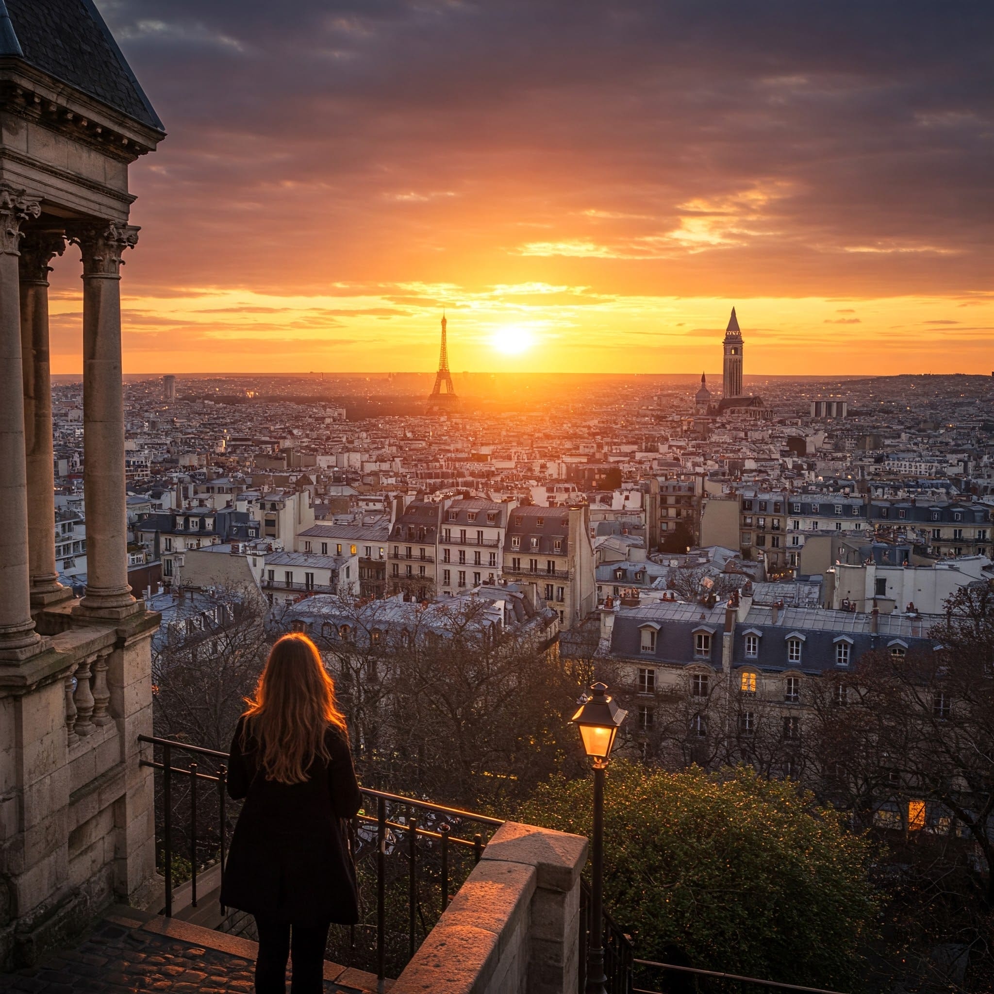 夕日に染まるパリを見下ろす階段に人が立っています。色鮮やかな空の下、エッフェル塔と街のビル群が見えます。. 夕日に染まるパリを見下ろす階段に人が立っています。色鮮やかな空の下、エッフェル塔と街のビル群が見えます。.