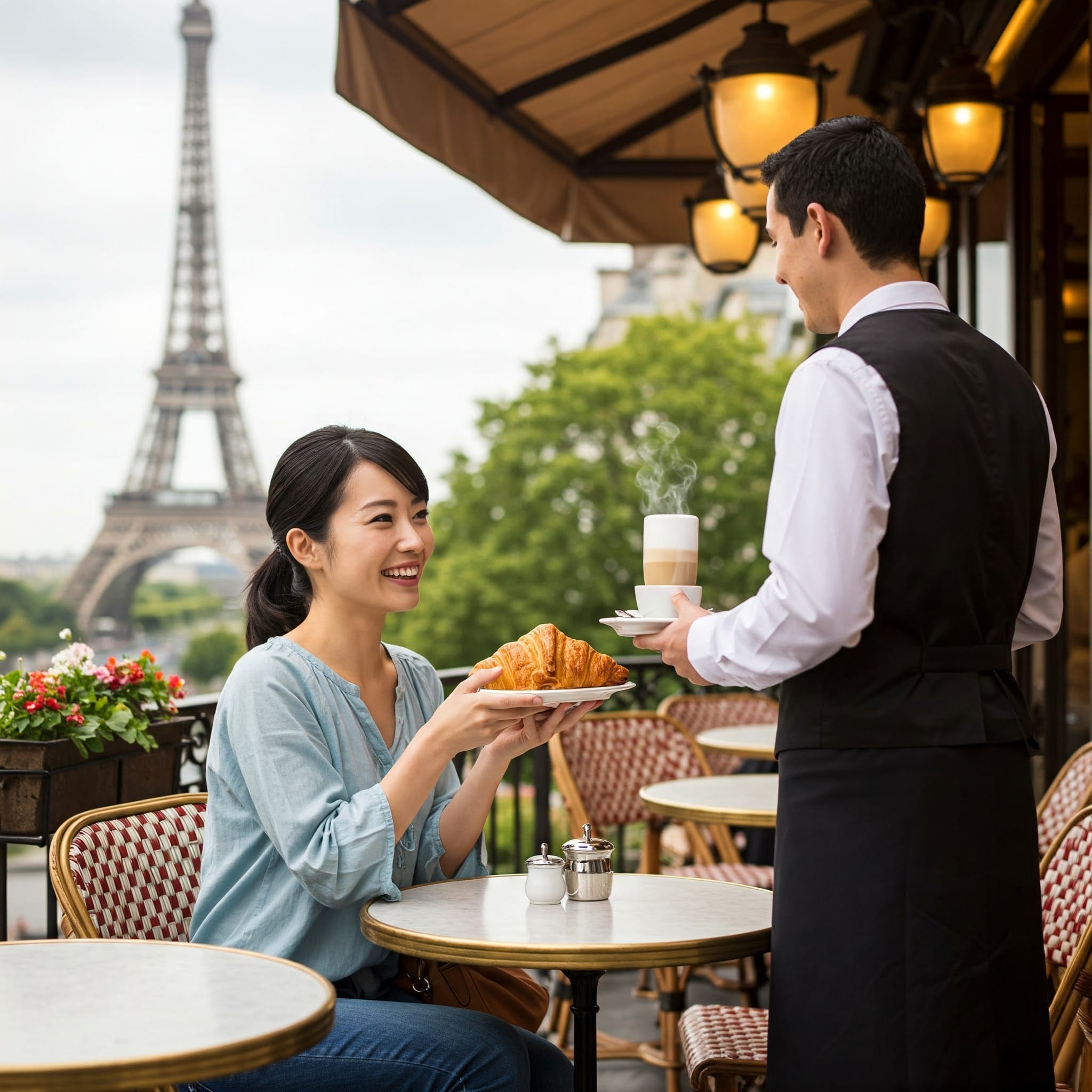 パリのカフェのテーブルに女性が座り、クロワッサンを手に、ウェイターがコーヒーを出している。背景にはエッフェル塔が見える。. パリのカフェのテーブルに女性が座り、クロワッサンを手に、ウェイターがコーヒーを出している。背景にはエッフェル塔が見える。.