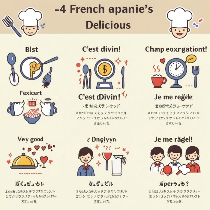 様々なフランス語の「おいしい」表現を吹き出しで示したインフォグラフィック