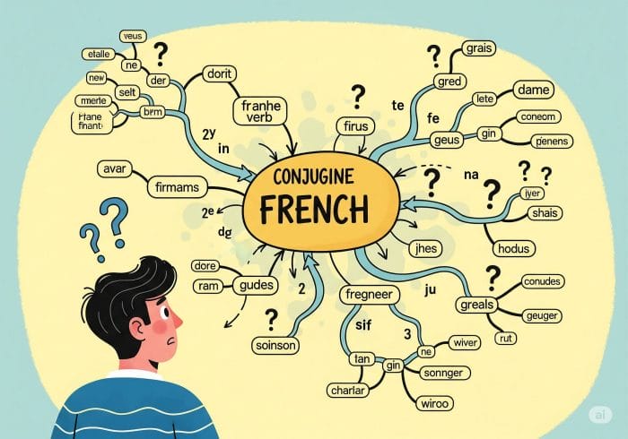 フランス語の文法構造の複雑さに戸惑う学習者のイメージイラスト
