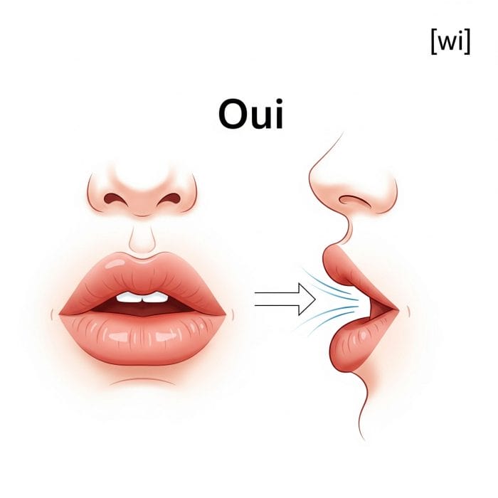 フランス語「Oui」の正しい発音を示す口の形のイラスト
