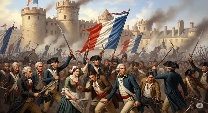 フランス革命のバスティーユ襲撃を描いたダイナミックな歴史イラスト。市民が初期のトリコロールの帽章や旗を振っている。