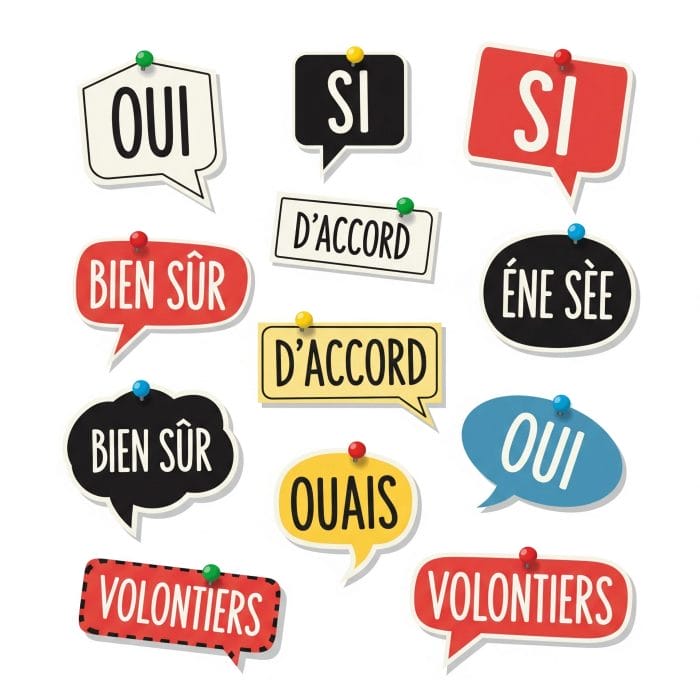 フランス語の様々な肯定表現が書かれたカラフルな吹き出し