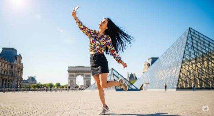 パリの象徴的なランドマークの前で楽しそうに自撮りをする旅行者。時間を有効活用しているイメージ。