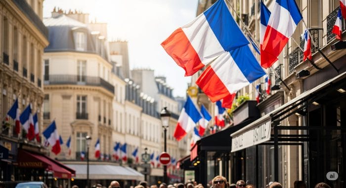 パリの祝祭日に飾られたフランス国旗。明るい日差しの下、パリの建築物を背景にはためいている。