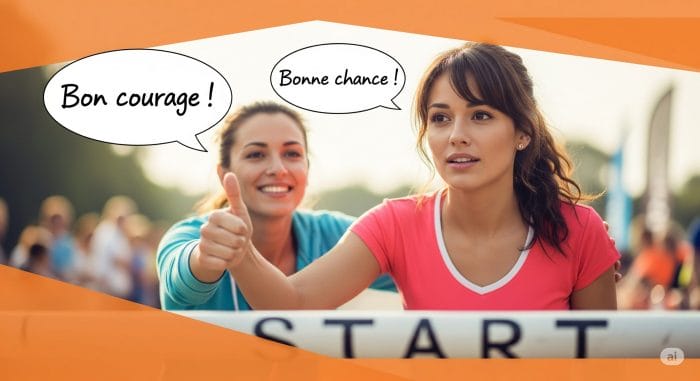 挑戦する人を応援する友人。Bon courage! や Bonne chance! のテキストが添えられている。