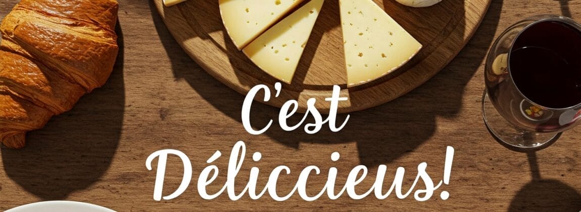 スライスしたチーズ、クロワッサン、サラダ、赤ワイン 2 杯、そして白い文字で「C’est Déliccieux!」と書かれた木製のテーブル。. スライスしたチーズ、クロワッサン、サラダ、赤ワイン 2 杯、そして白い文字で「C’est Déliccieux!」と書かれた木製のテーブル。.