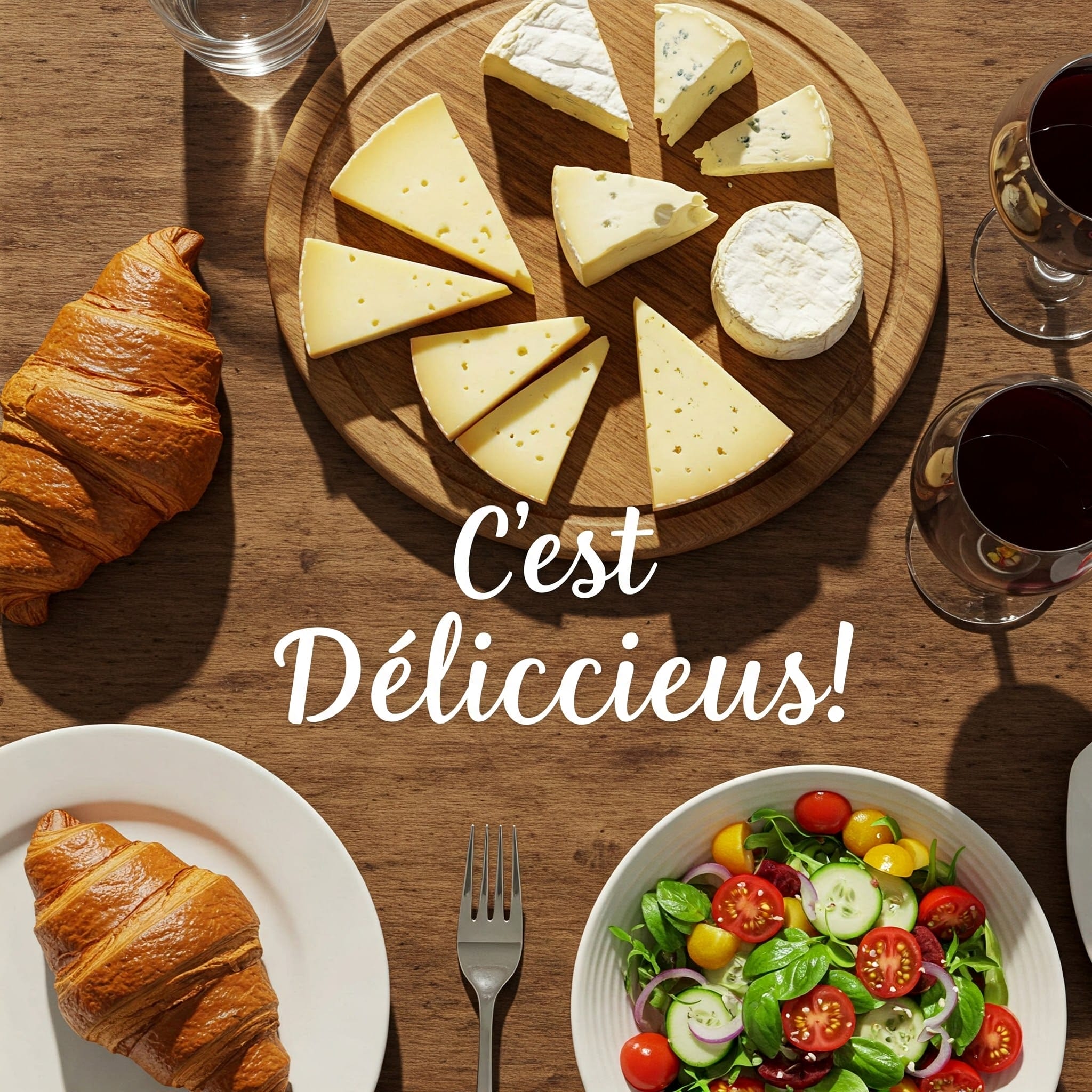 スライスしたチーズ、クロワッサン、サラダ、赤ワイン 2 杯、そして白い文字で「C’est Déliccieux!」と書かれた木製のテーブル。.