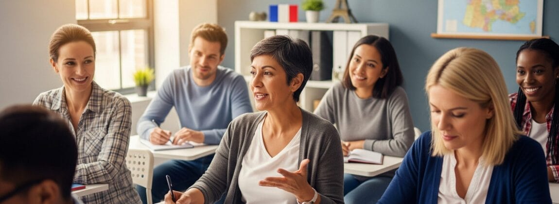 大人のグループが教室の机に座り、メモを取りながら熱心に話を聞いています。背景にはフランスの地図とエッフェル塔の模型があります。.