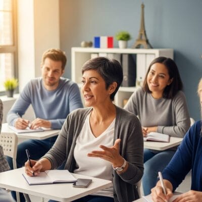 大人のグループが教室の机に座り、メモを取りながら熱心に話を聞いています。背景にはフランスの地図とエッフェル塔の模型があります。.