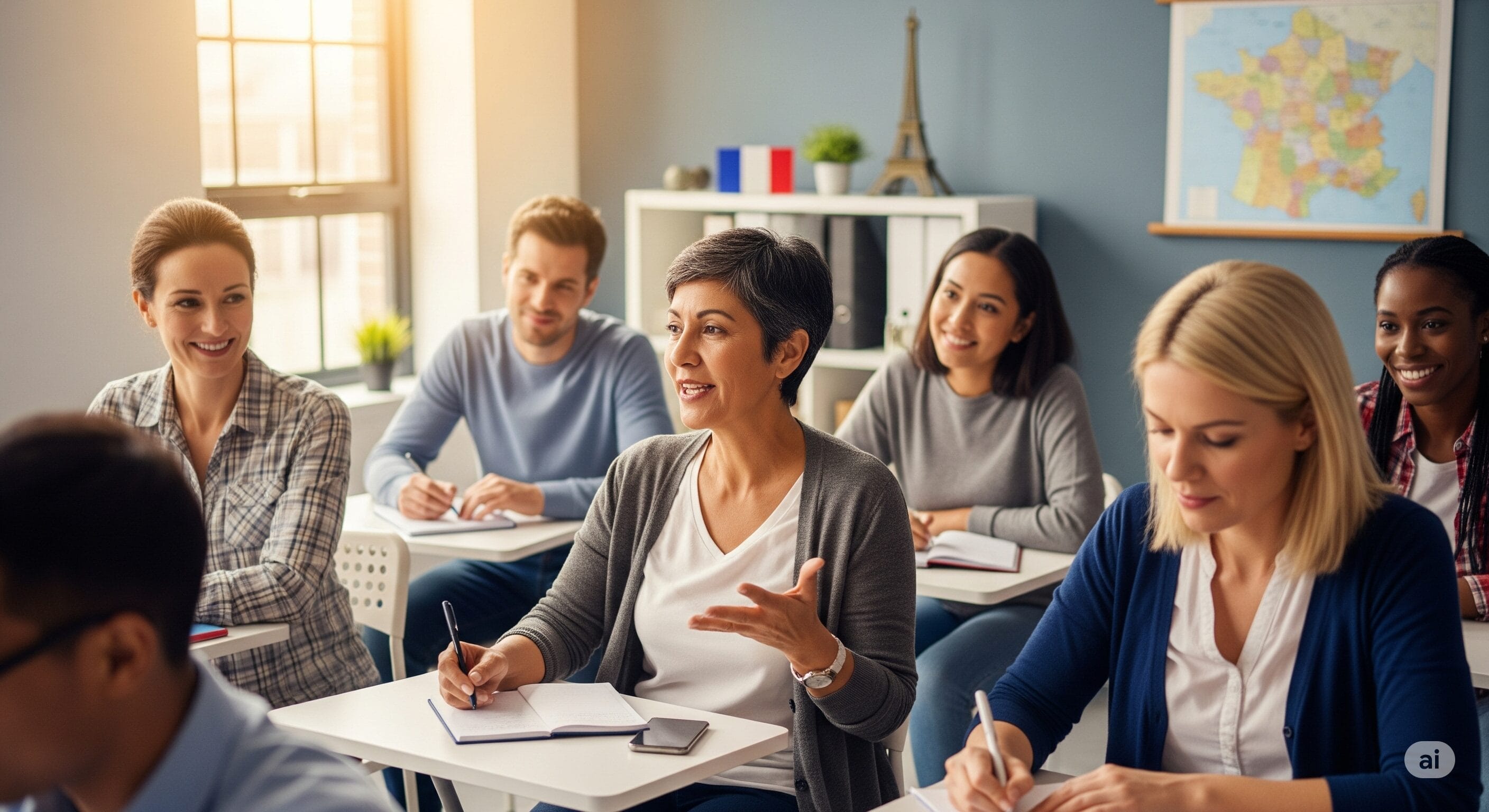 大人のグループが教室の机に座り、メモを取りながら熱心に話を聞いています。背景にはフランスの地図とエッフェル塔の模型があります。.