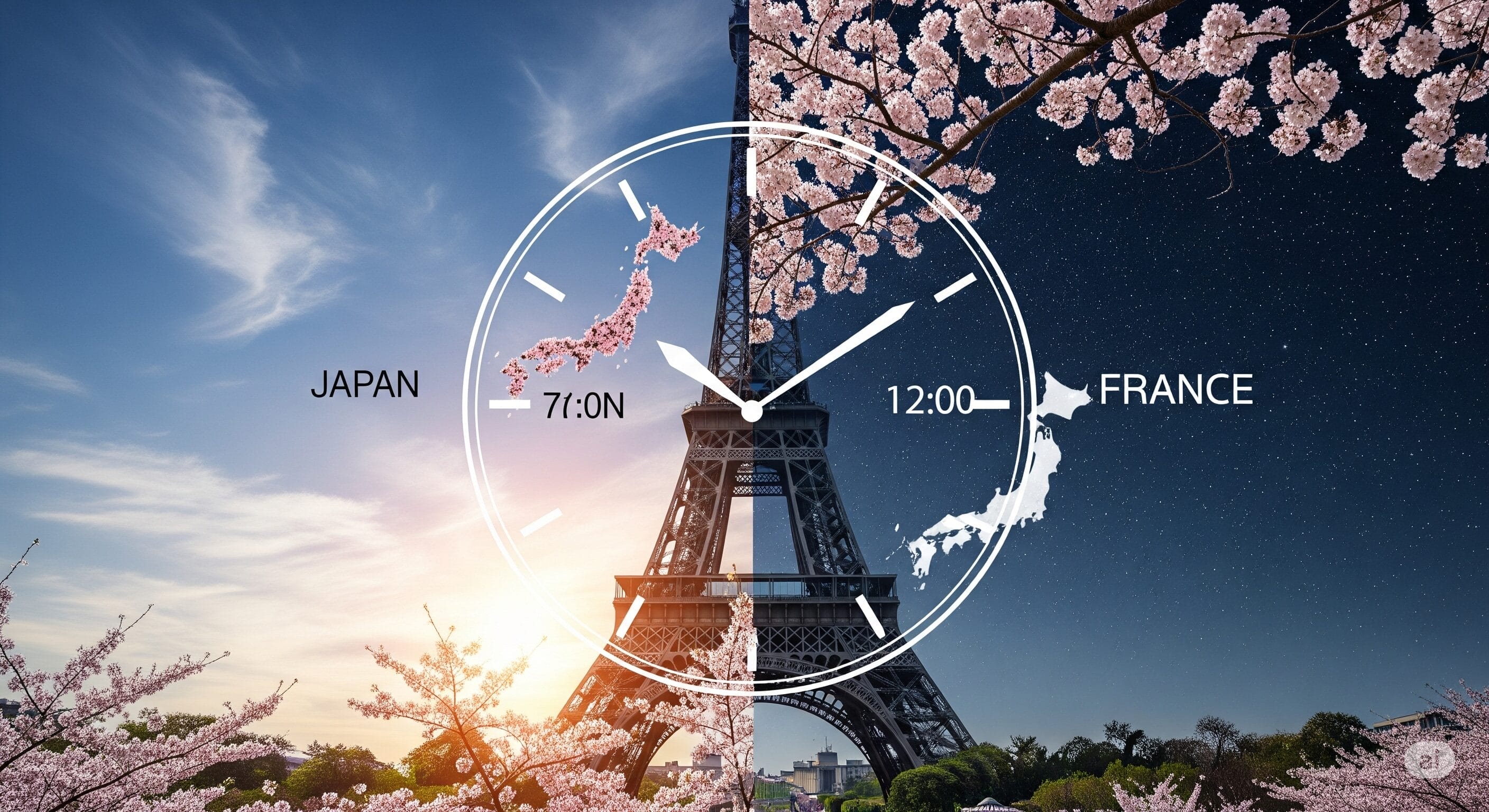 エッフェル塔の上の時計が、左側の日本の昼と右側のフランスの夜に景色を分け、その両側を桜が縁取っています。. エッフェル塔の上の時計が、左側の日本の昼と右側のフランスの夜に景色を分け、その両側を桜が縁取っています。.