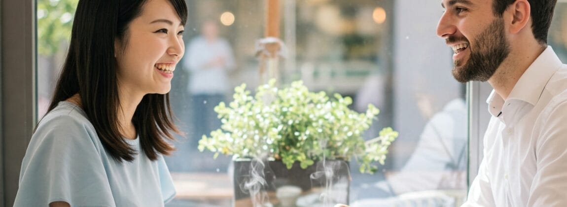 カフェのテーブルに向かい合って座り、コーヒーを飲みながら笑顔で会話する二人。テーブルの上にはノートとカラフルなカードが置かれ、背景には植物が置かれている。.