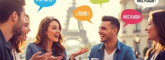 エッフェル塔近くのカフェのテーブルに5人の若者が座り、笑顔で会話をしています。吹き出しには、喜びや同意を表すフランス語のフレーズが描かれています。.