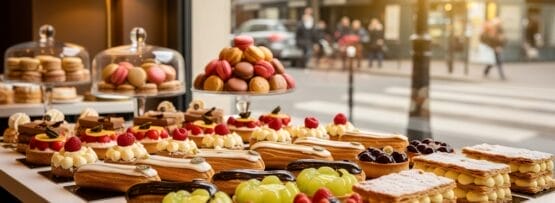 窓際のテーブルに、フランスのペストリーやデザートの盛り合わせが並べられており、背景には外の街の風景が見えます。.