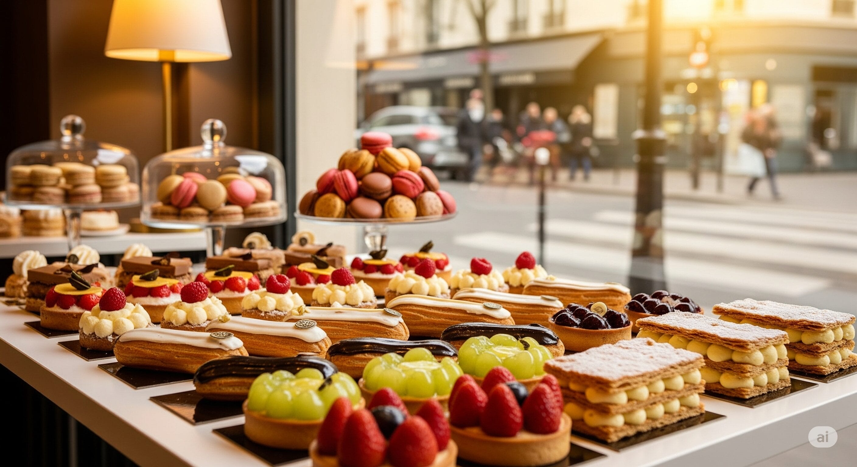 窓際のテーブルに、フランスのペストリーやデザートの盛り合わせが並べられており、背景には外の街の風景が見えます。.