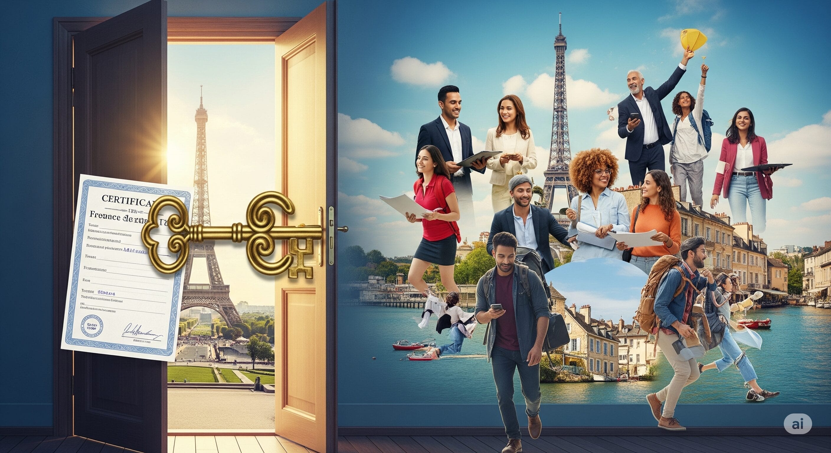 華やかな鍵でパリの扉が開き、さまざまな人々、旅行の風景、エッフェル塔、フランス語の証明書が現れます。.