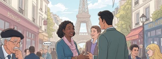 パリのカフェの外で、2人が「ボンジュール」と挨拶し合っている。背景にはエッフェル塔があり、近くのテーブルには他の人々が座っている。.