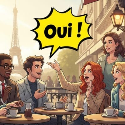 エッフェル塔近くの屋外カフェに人々が座り、笑顔で会話をしています。吹き出しには太字で「Oui!」と書かれています。.