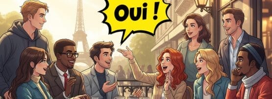 エッフェル塔近くの屋外カフェに人々が座り、笑顔で会話をしています。吹き出しには太字で「Oui!」と書かれています。.