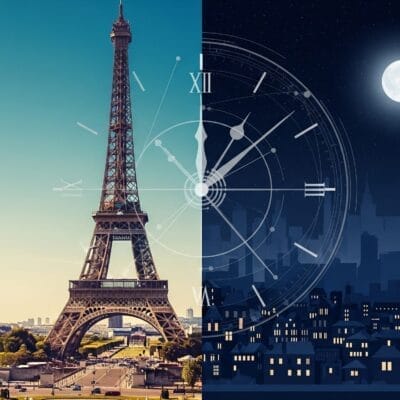 画像は半分に分割されており、左側には昼間のエッフェル塔、右側には満月のある夜の街並みが時計のグラフィックとともに表示されています。.