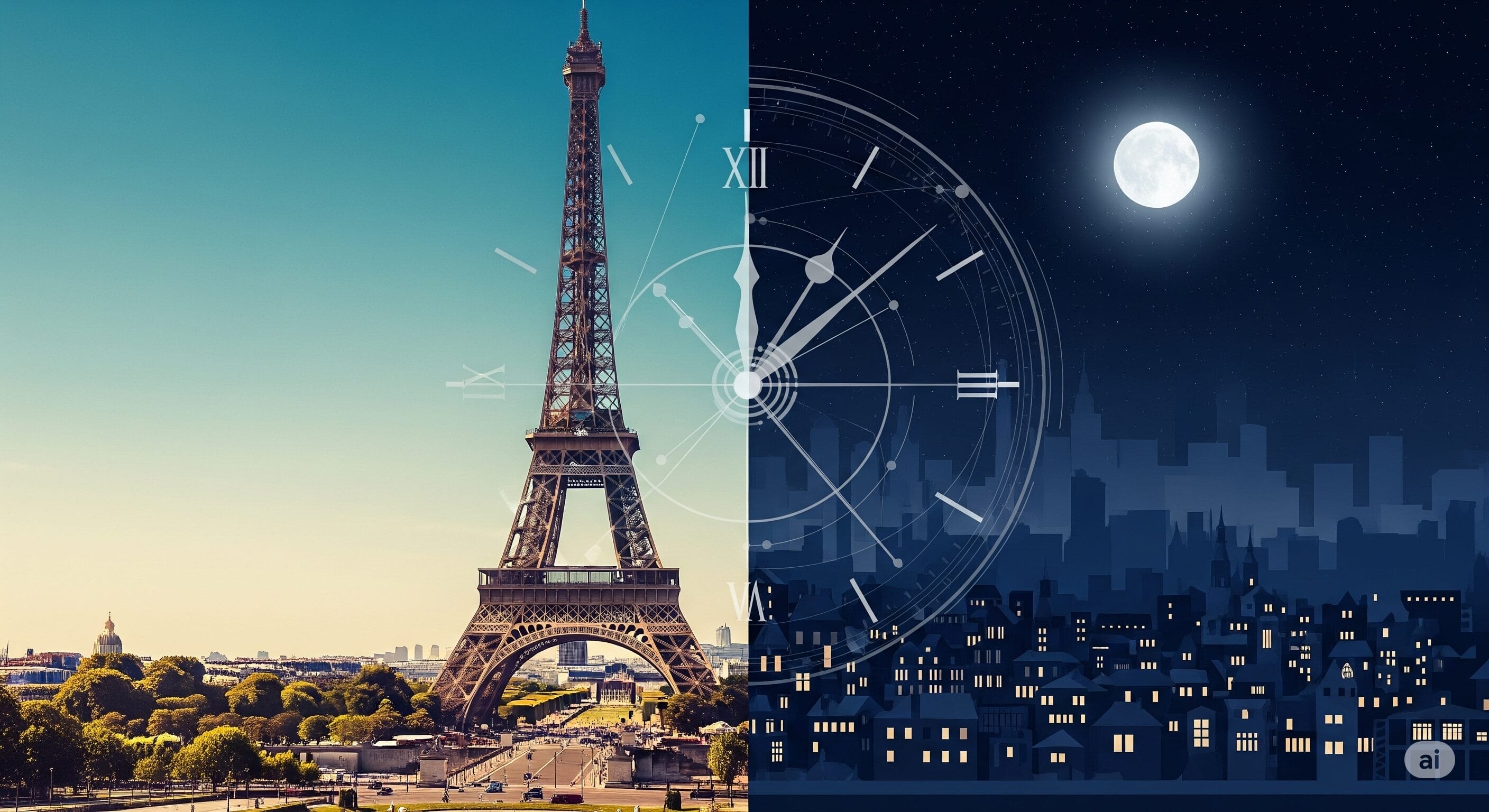 画像は半分に分割されており、左側には昼間のエッフェル塔、右側には満月のある夜の街並みが時計のグラフィックとともに表示されています。.